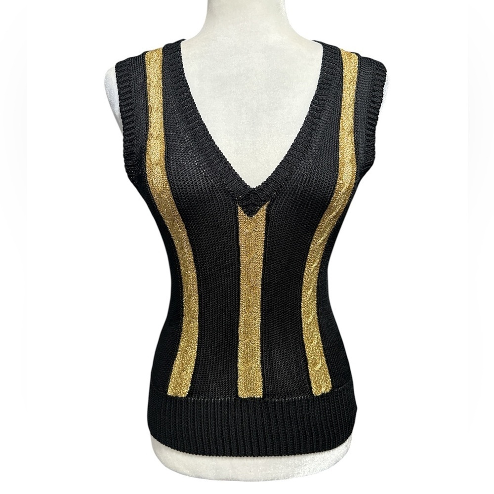 VERSACE Gold / Black Knit Sleeveless V neck Top